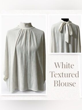 First Love White Textured Pleated Neck Blouse XL | Business Casual Minimalist